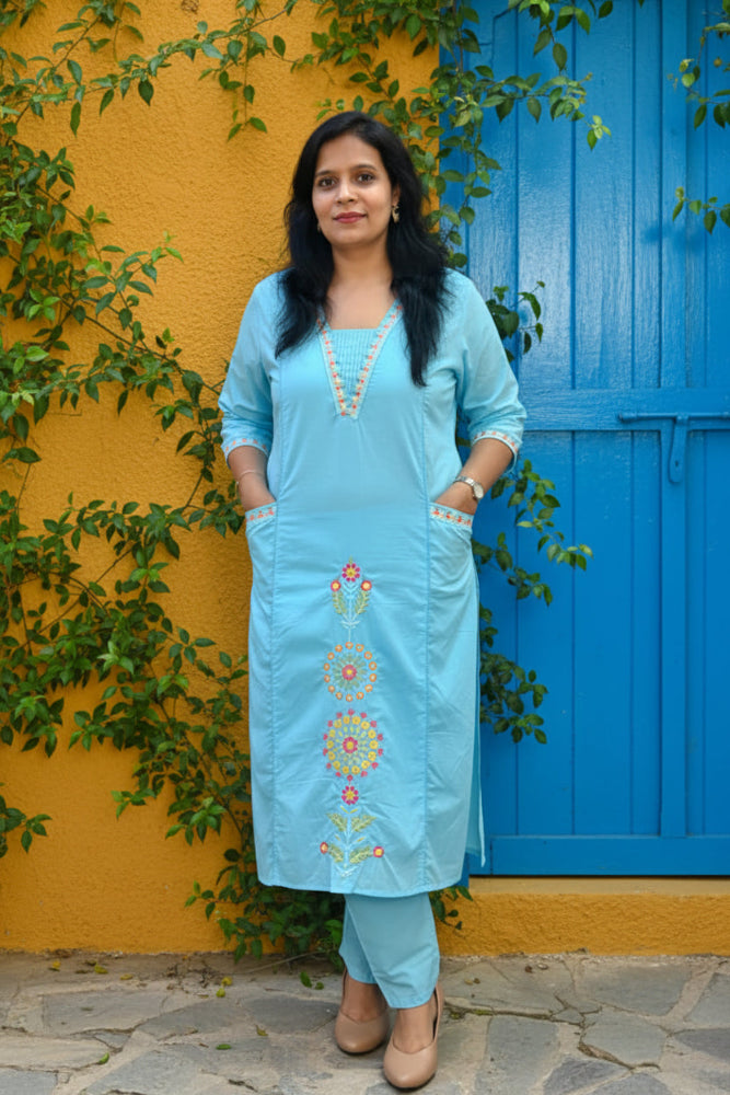Turquoise Blue Mul Cotton Embroidered Kurta Set