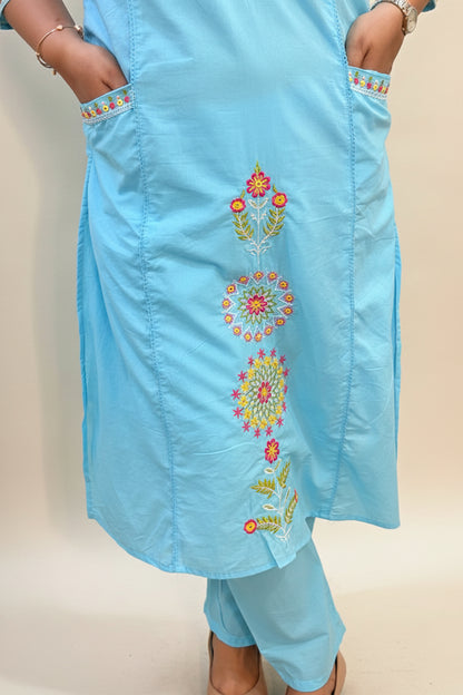 Turquoise Blue Mul Cotton Embroidered Kurta Set