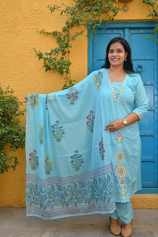 Turquoise Blue Mul Cotton Embroidered Kurta Set