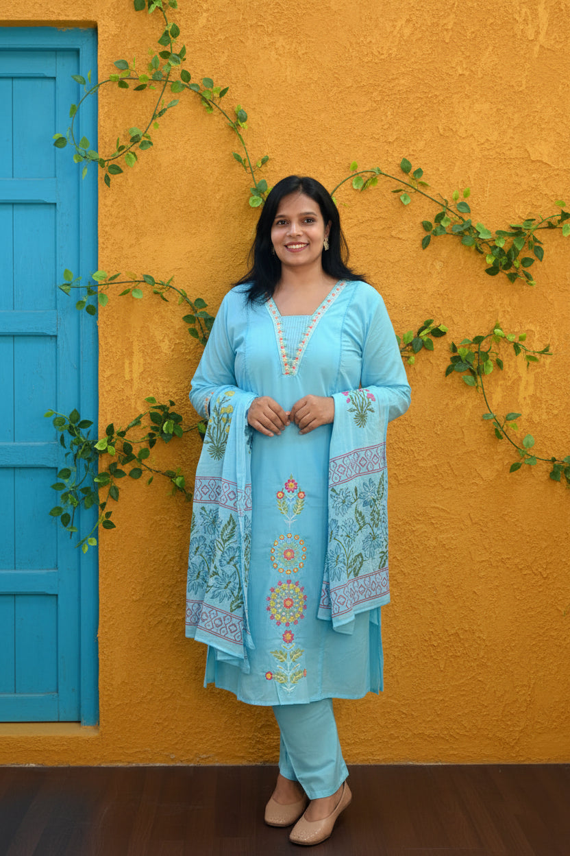 Turquoise Blue Mul Cotton Embroidered Kurta Set
