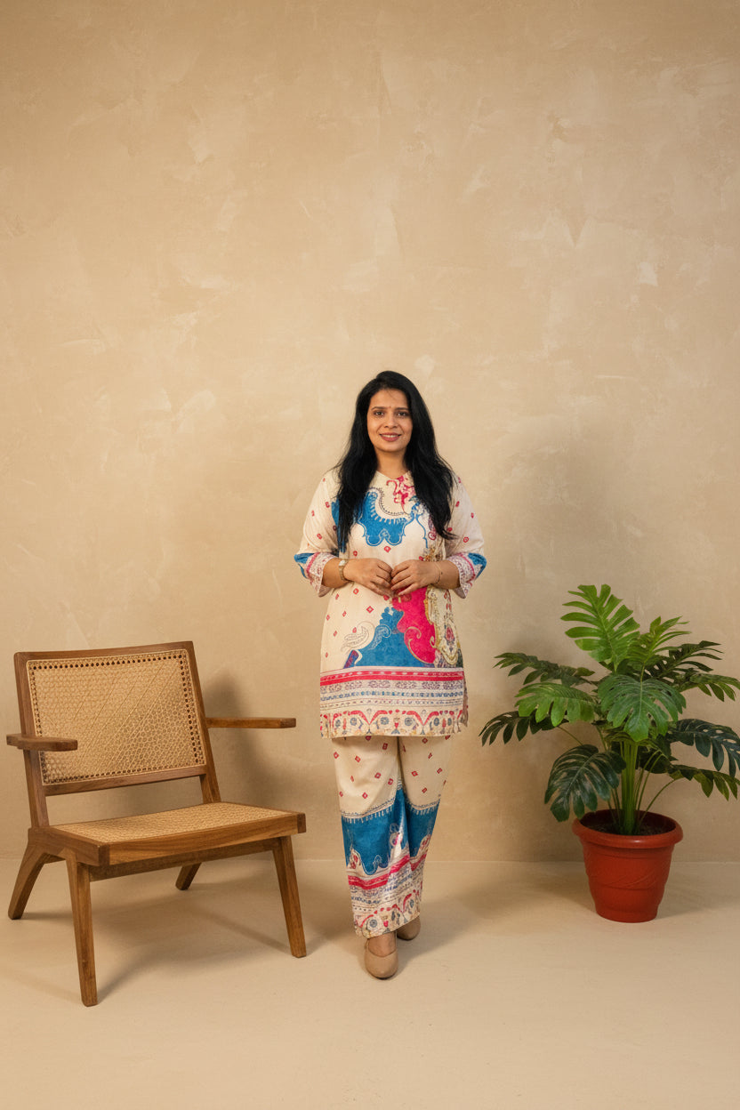 Cream Multicolor Printed Co-Ord Set 