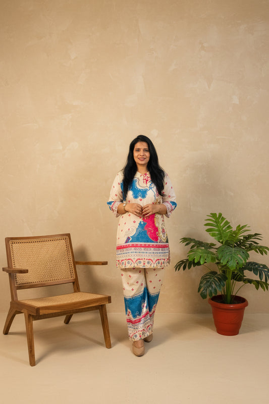Cream Multicolor Printed Co-Ord Set 