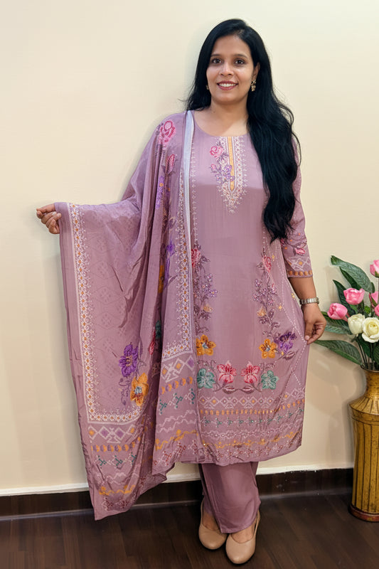 Mauve Color Muslin Printed Suit Set