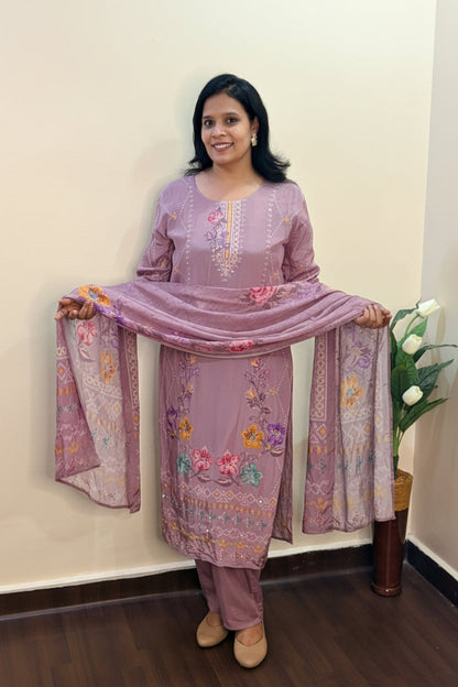 Mauve Color Muslin Printed Suit Set