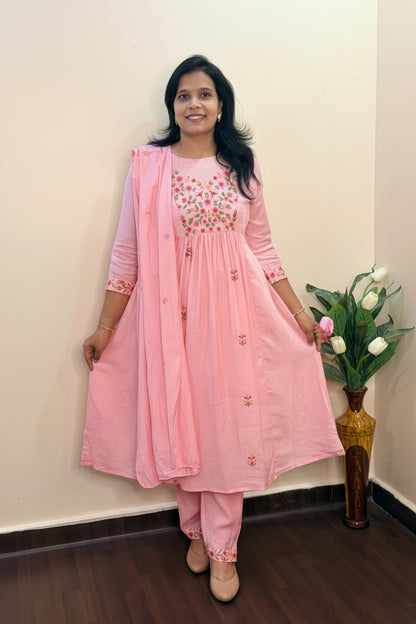 Sagar Mul - Cotton Embroidered Pink A-Line Suit Set