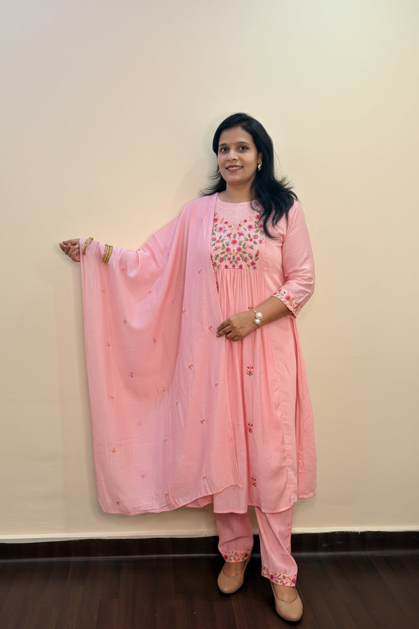 Sagar Mul - Cotton Embroidered Pink A-Line Suit Set
