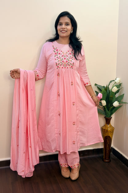 Sagar Mul - Cotton Embroidered Pink A-Line Suit Set