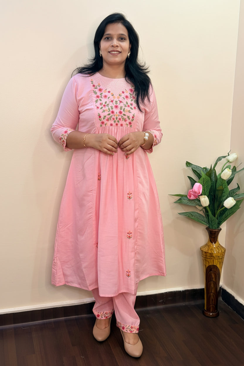 Sagar Mul - Cotton Embroidered Pink A-Line Suit Set