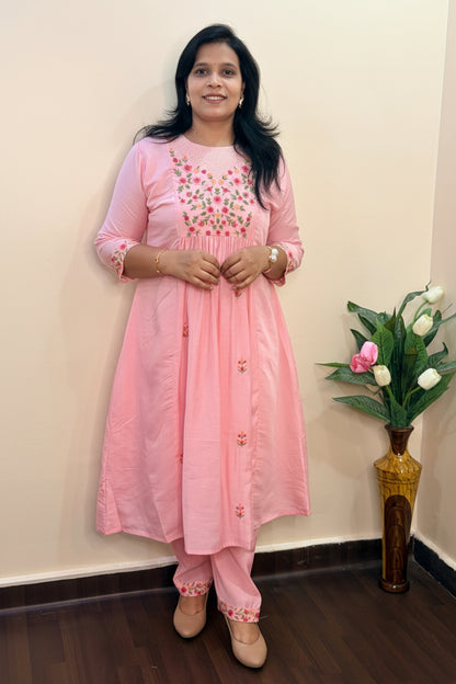 Sagar Mul - Cotton Embroidered Pink A-Line Suit Set