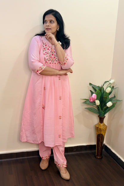 Sagar Mul - Cotton Embroidered Pink A-Line Suit Set