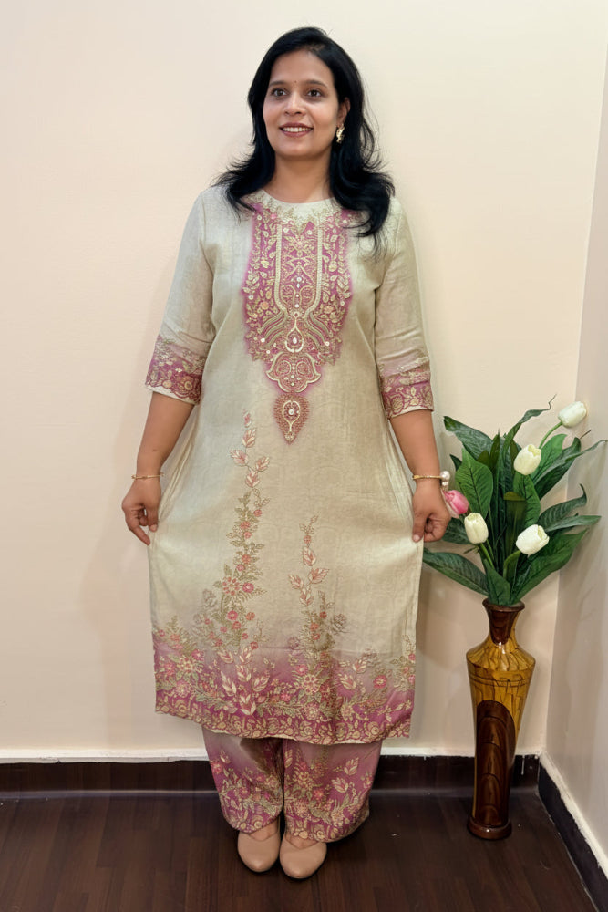 Ivory Muslin Pearl Embroidered Palazzo Suit Set
