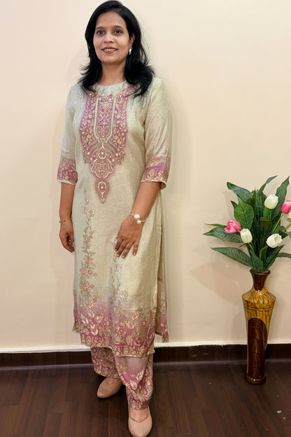 Ivory Muslin Pearl Embroidered Palazzo Suit Set
