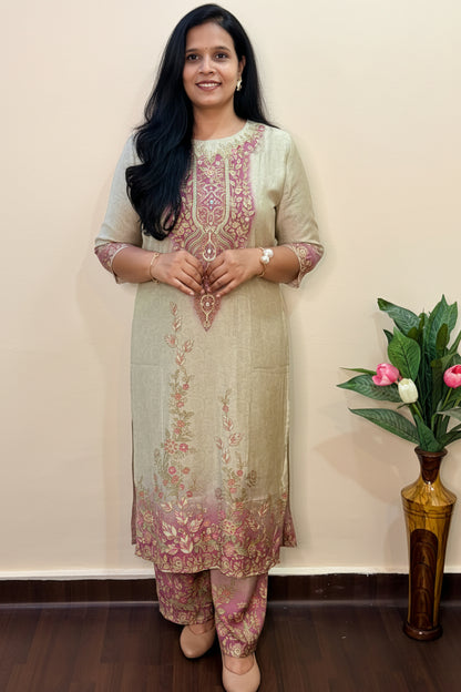 Ivory Muslin Pearl Embroidered Palazzo Suit Set