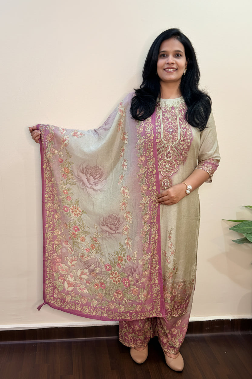 Ivory Muslin Pearl Embroidered Palazzo Suit Set