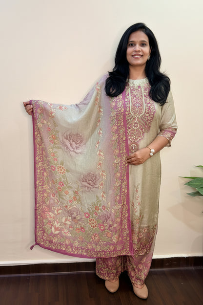 Ivory Muslin Pearl Embroidered Palazzo Suit Set