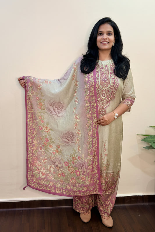 Ivory Muslin Pearl Embroidered Palazzo Suit Set