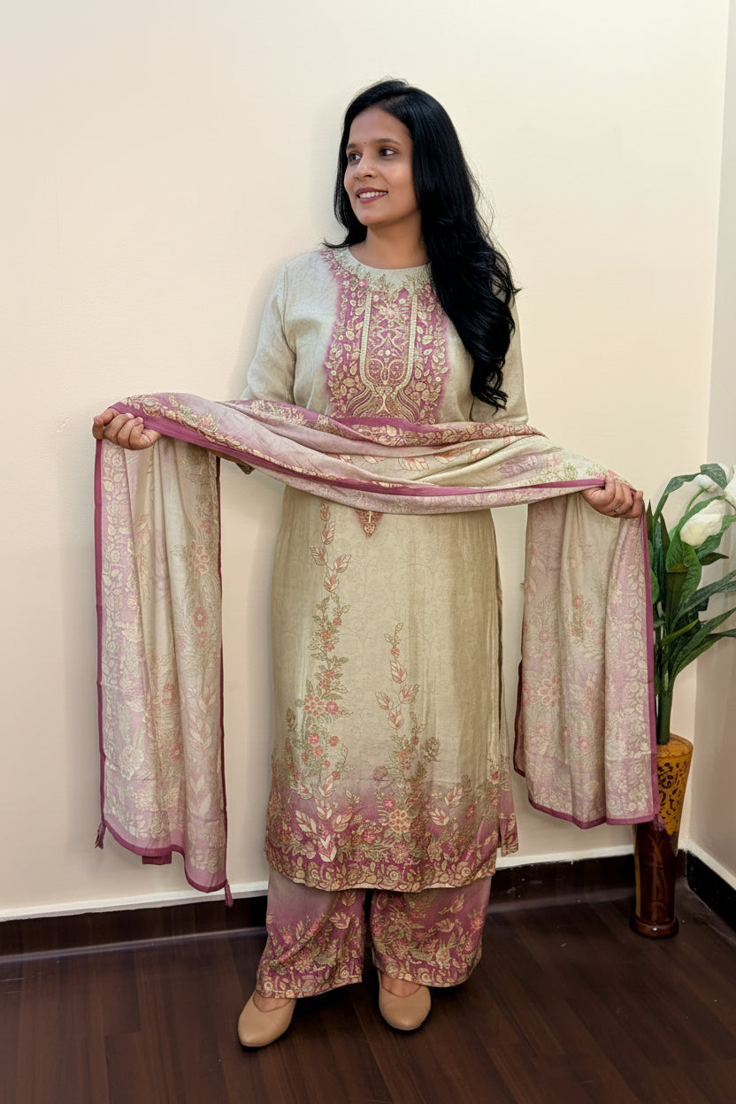 Ivory Muslin Pearl Embroidered Palazzo Suit Set