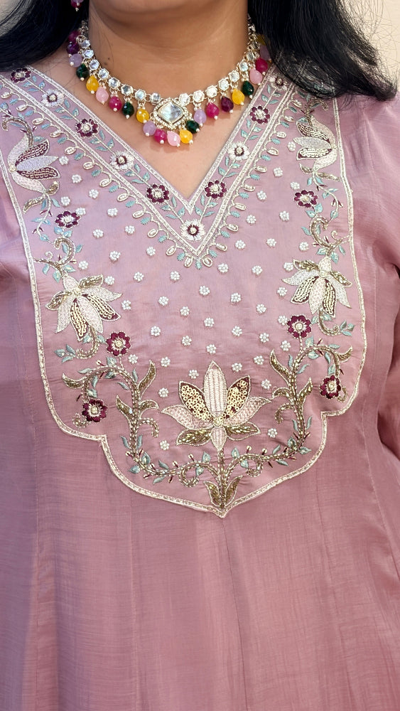 Festive Lilac Mul Chanderi Embordered Anarkali Suit Set