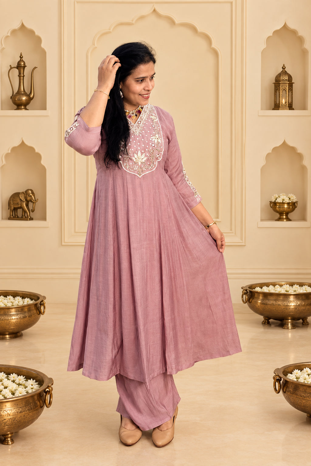 Festive Lilac Mul Chanderi Embordered Anarkali Suit Set