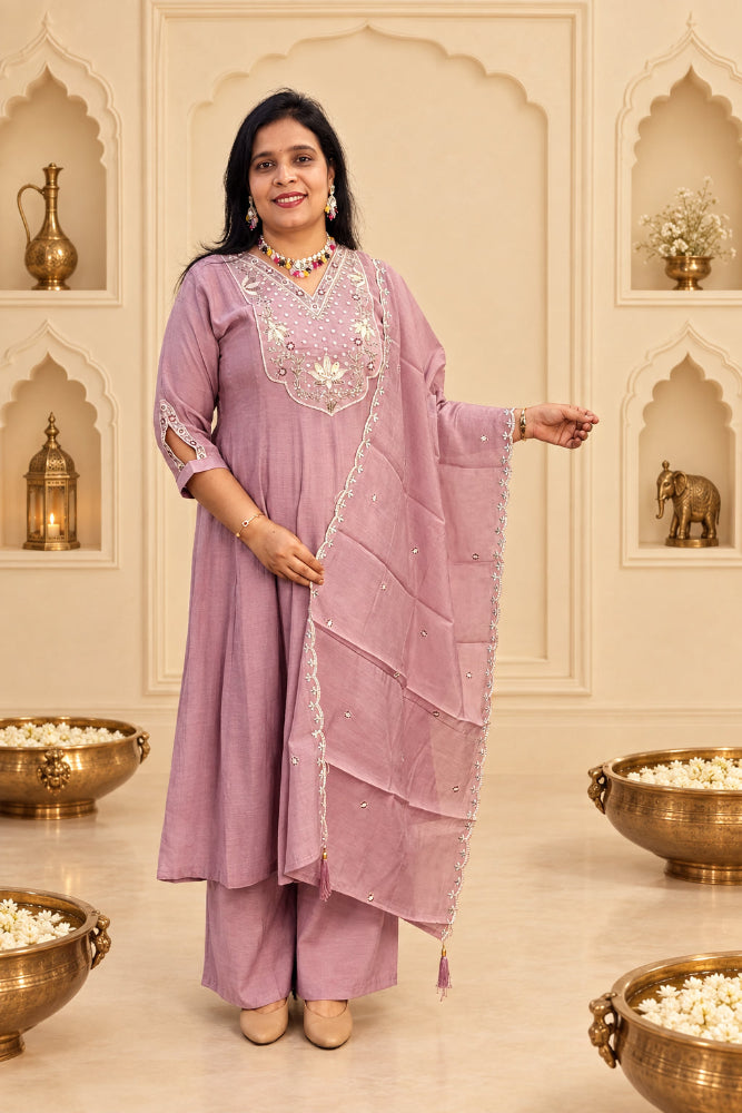 Festive Lilac Mul Chanderi Embordered Anarkali Suit Set