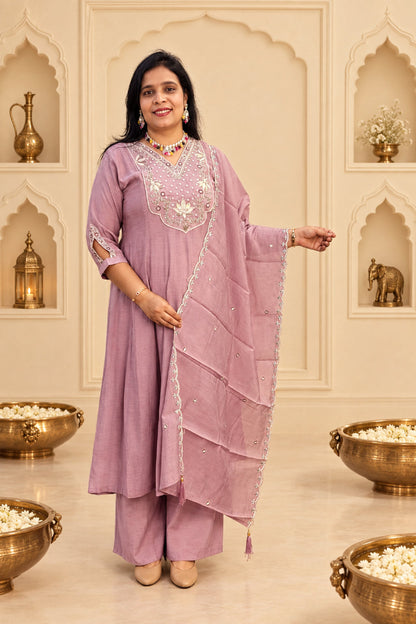 Festive Lilac Mul Chanderi Embordered Anarkali Suit Set