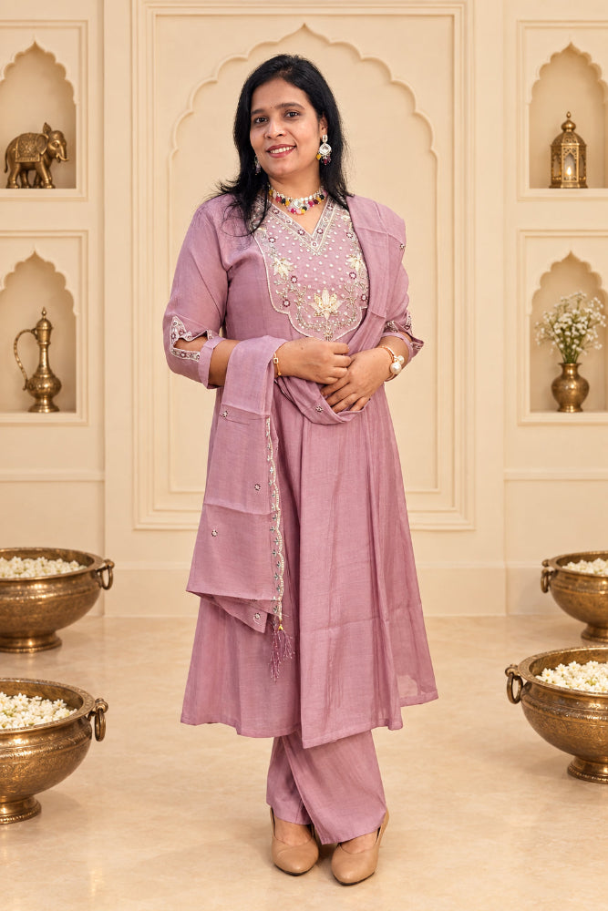 Festive Lilac Mul Chanderi Embordered Anarkali Suit Set