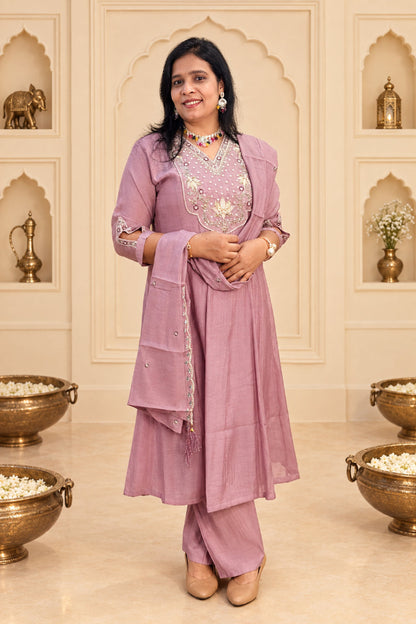 Festive Lilac Mul Chanderi Embordered Anarkali Suit Set