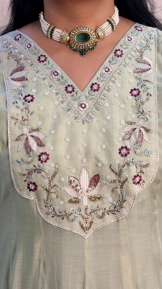 Pastel  Pista Green Embroidered  Anarkali  Suit Set