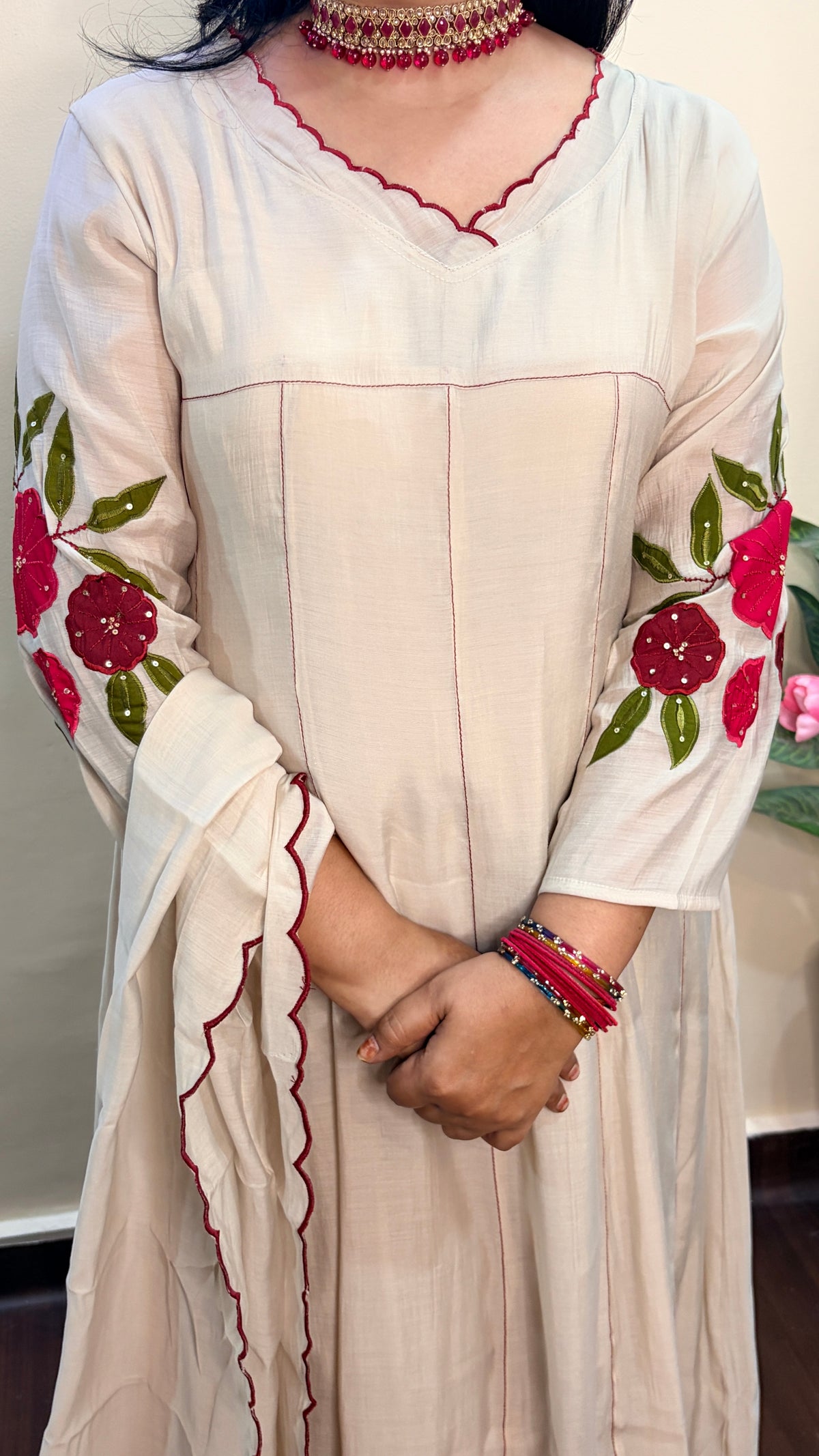 Off-White Mul Chanderi Embroidered Anarkali Set with Pants