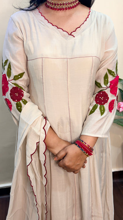 Off-White Mul Chanderi Embroidered Anarkali Set with Pants