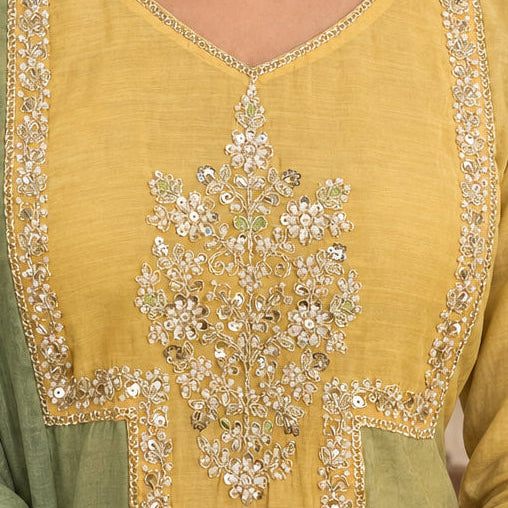 Women's Mul Chanderi Kurta Set with Embroidery Contrast Dupatta - Green & Yellow