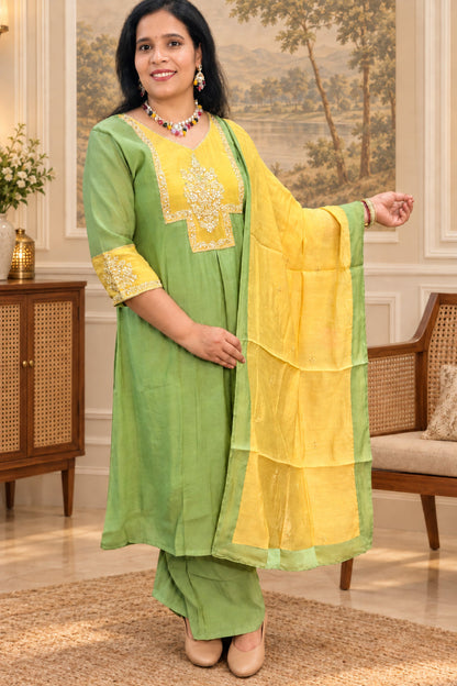 Women's Mul Chanderi Kurta Set with Embroidery Contrast Dupatta - Green & Yellow