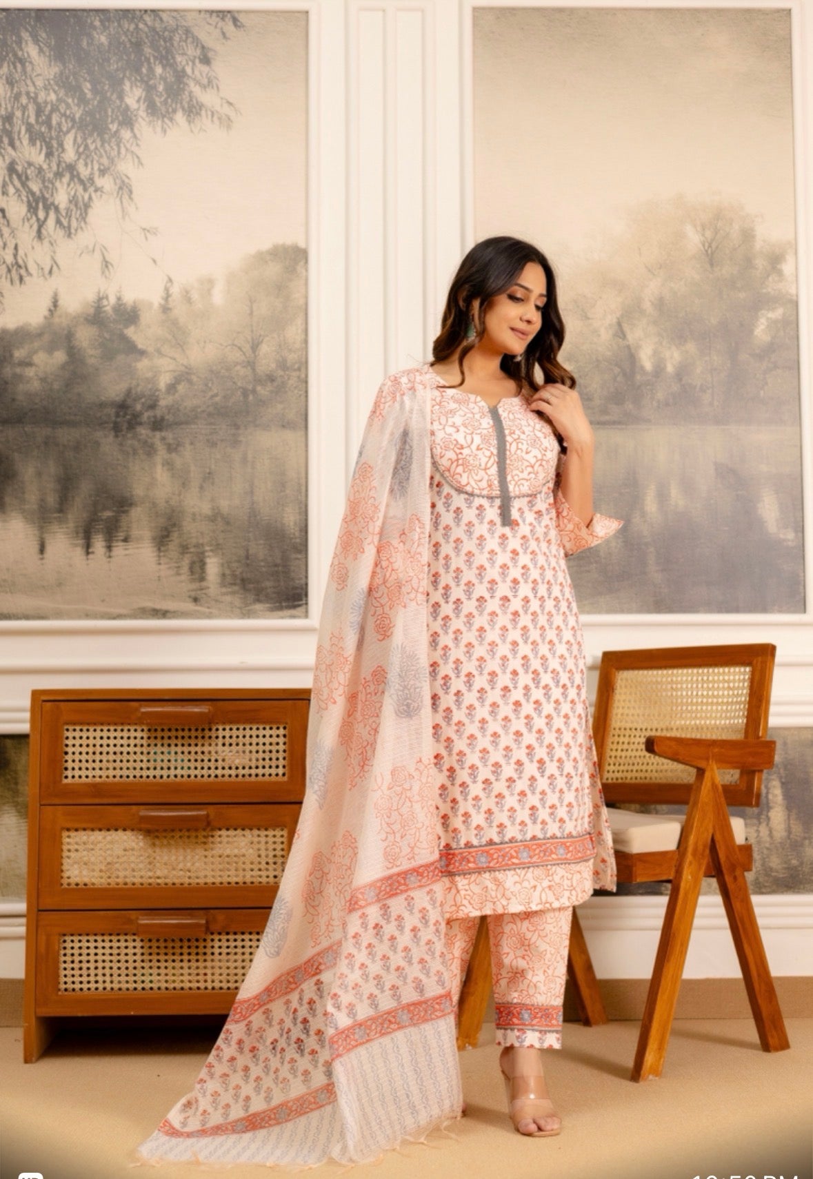 Peach Cotton Hand Block Printed Suit Set