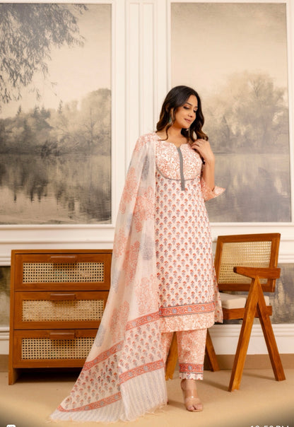 Peach Cotton Hand Block Printed Suit Set