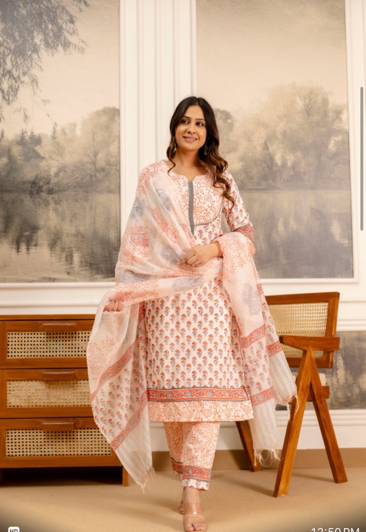 Peach Cotton Hand Block Printed Suit Set
