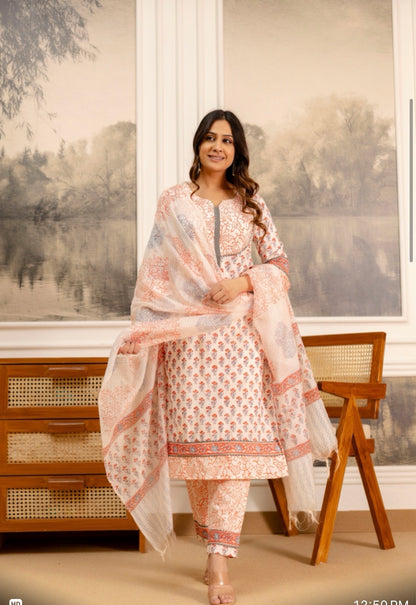 Peach Cotton Hand Block Printed Suit Set