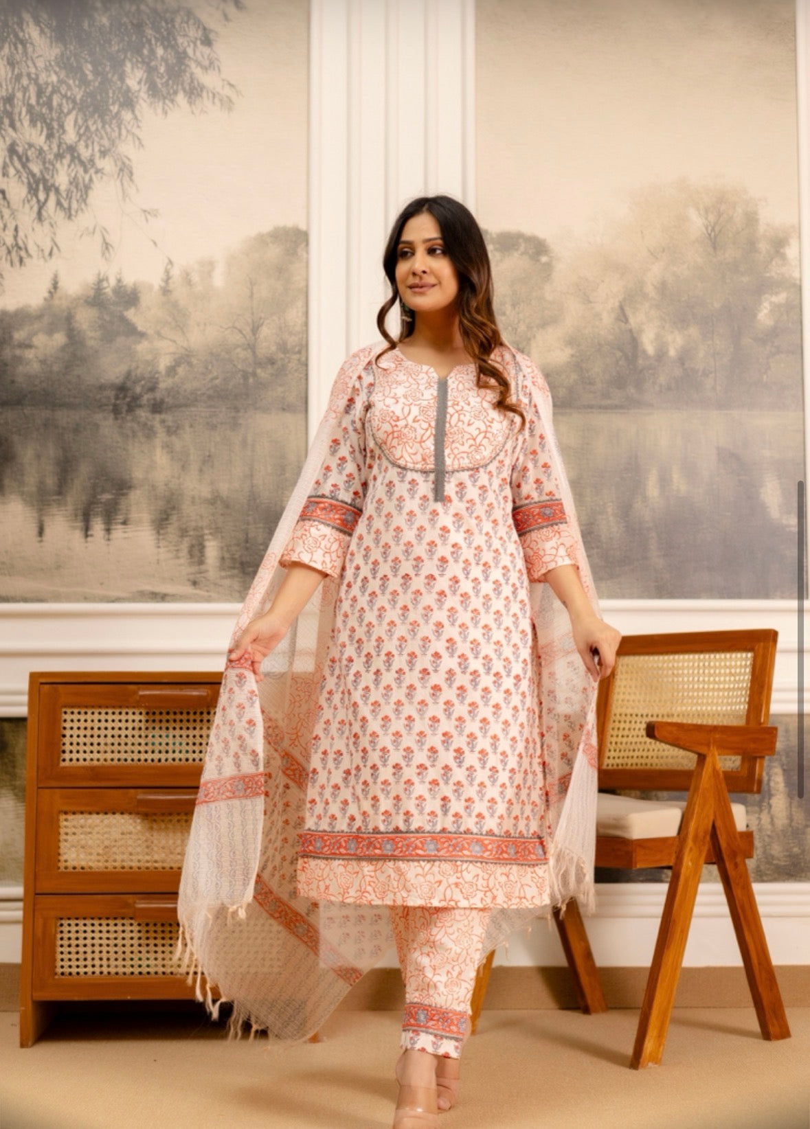 Peach Cotton Hand Block Printed Suit Set