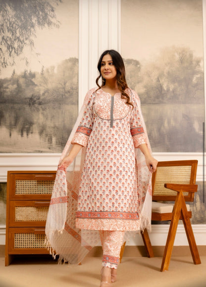 Peach Cotton Hand Block Printed Suit Set