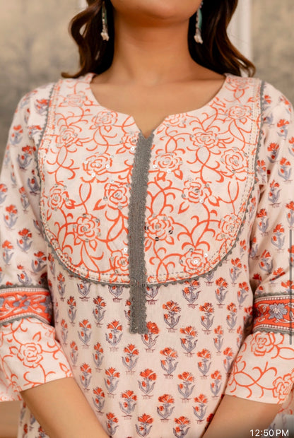 Peach Cotton Hand Block Printed Suit Set