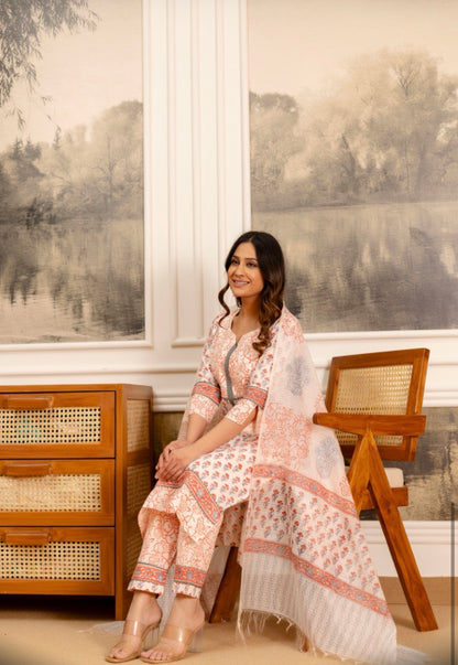Peach Cotton Hand Block Printed Suit Set