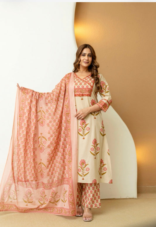 Peach Cotton Floral Suit Set with Mulmul Dupatta
