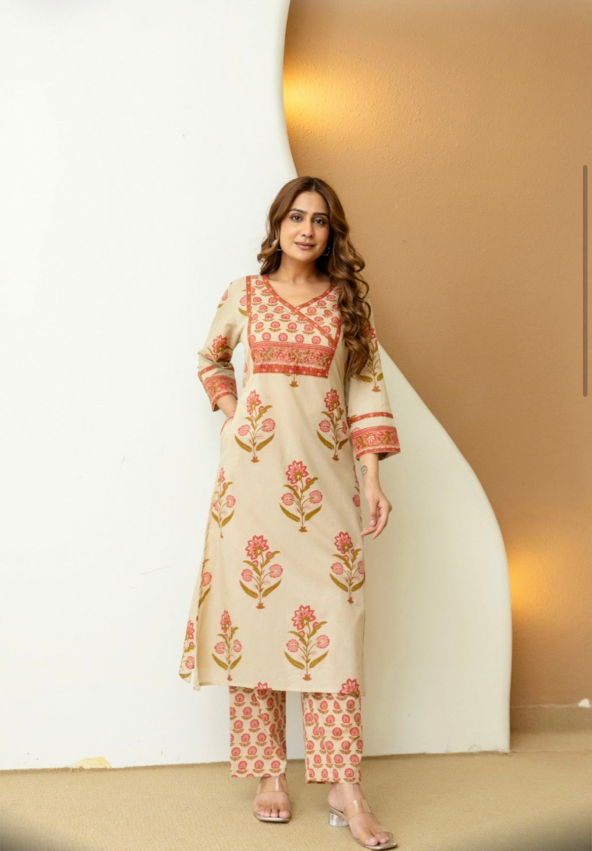Peach Cotton Floral Suit Set with Mulmul Dupatta