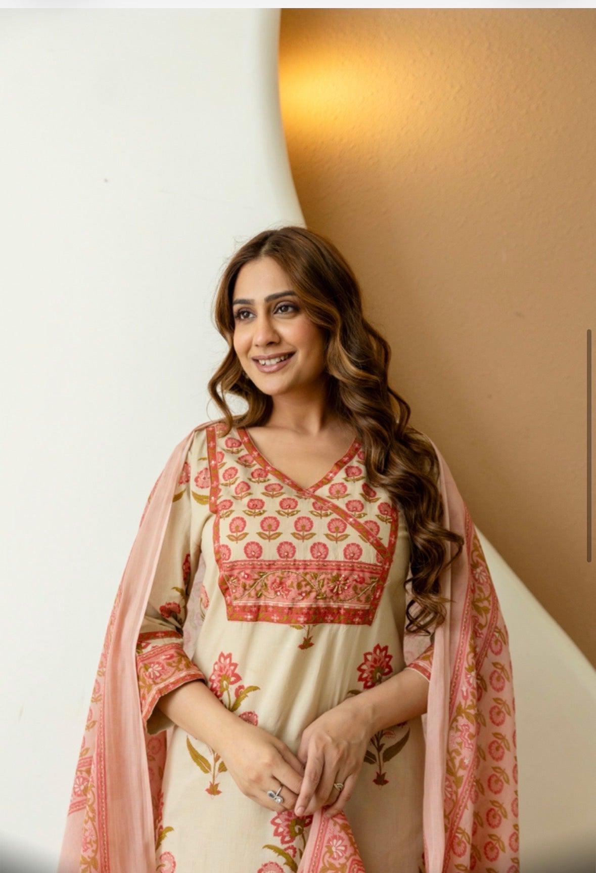 Peach Cotton Floral Suit Set with Mulmul Dupatta