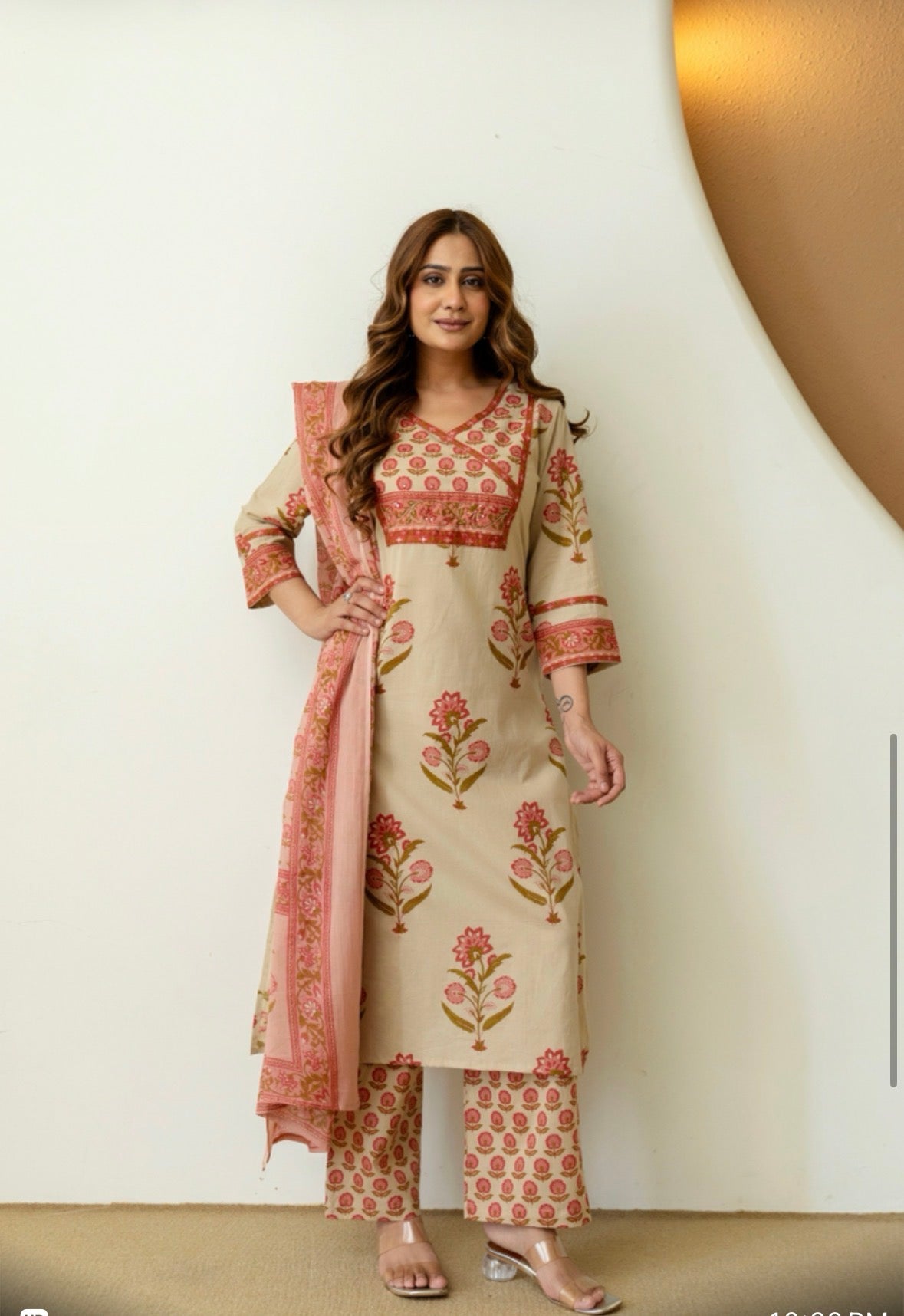 Peach Cotton Floral Suit Set with Mulmul Dupatta