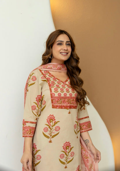 Peach Cotton Floral Suit Set with Mulmul Dupatta
