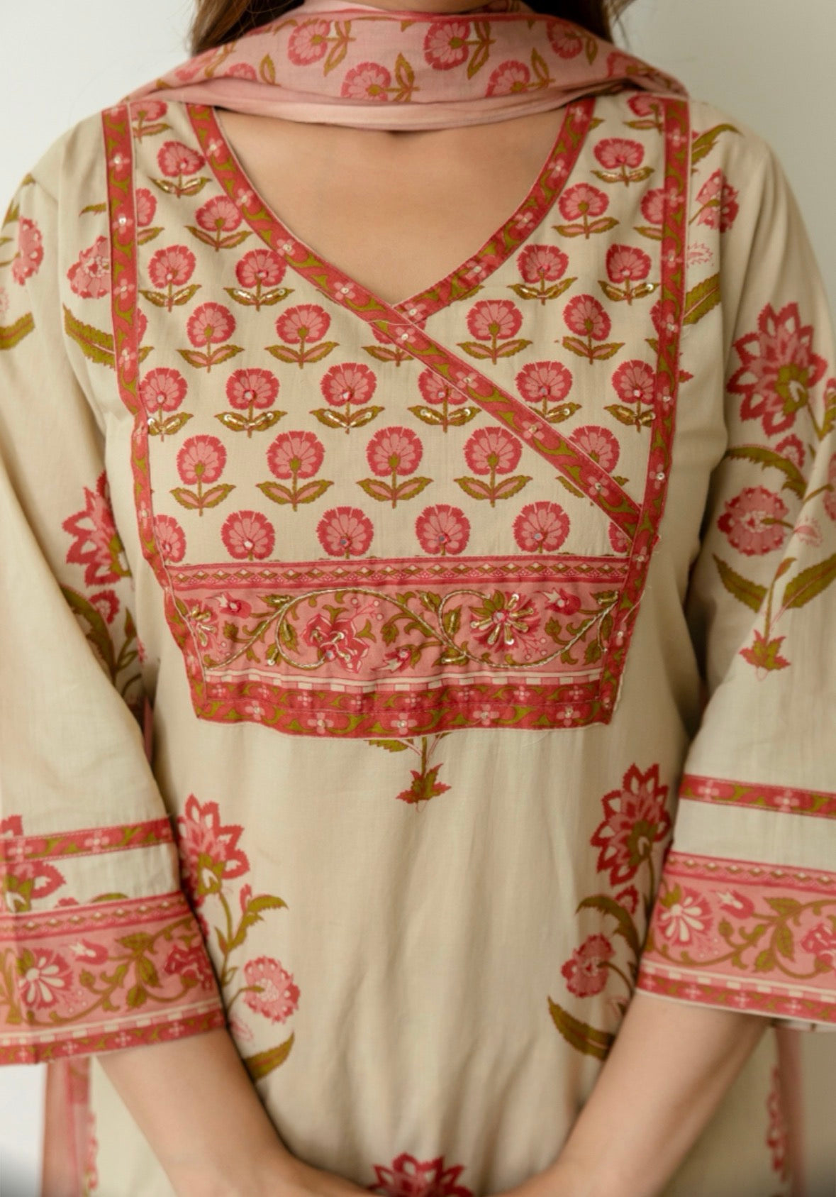 Peach Cotton Floral Suit Set with Mulmul Dupatta