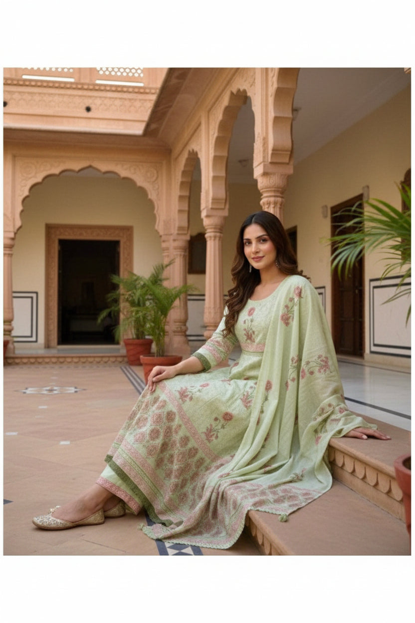 Pure Mul Cotton Green Anarkali Suit Set