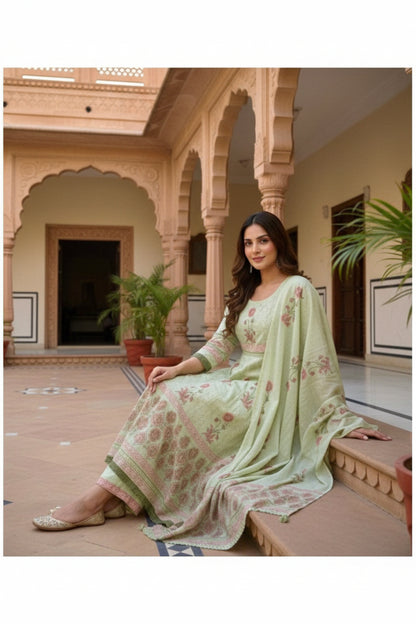 Pure Mul Cotton Green Anarkali Suit Set
