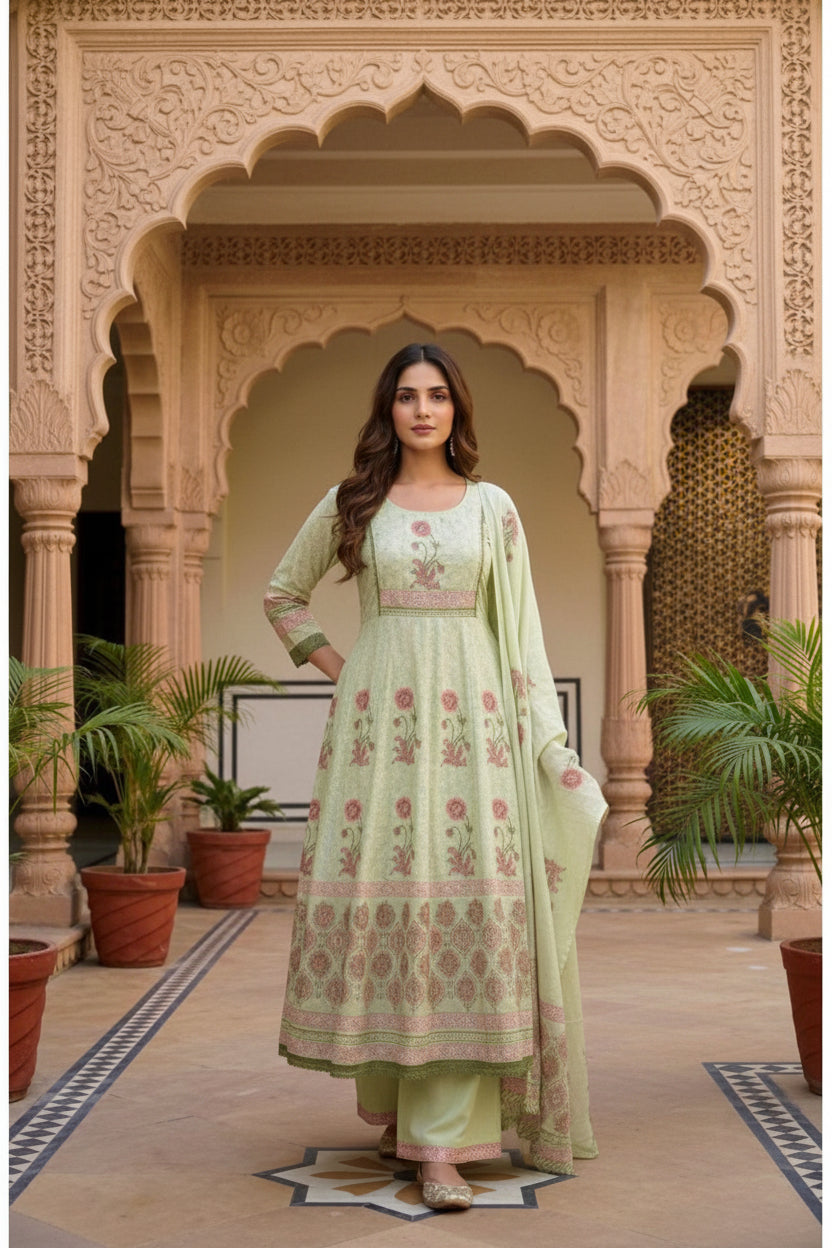 Pure Mul Cotton Green Anarkali Suit Set