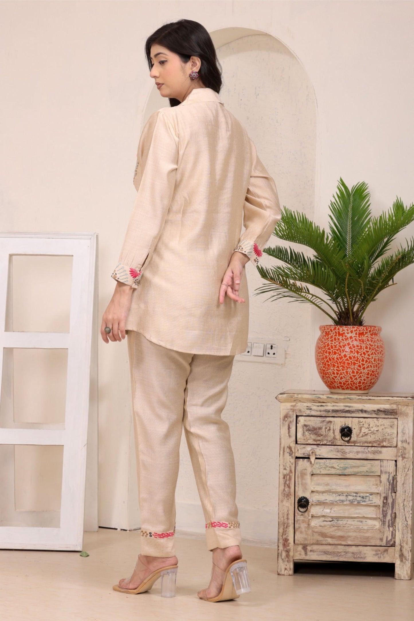 BEIGE EMBROIDERED VERTICAN SILK CO-ORD SET